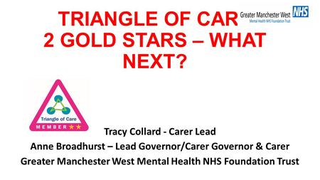 TRIANGLE OF CARE 2 GOLD STARS – WHAT NEXT? Tracy Collard - Carer Lead Anne Broadhurst – Lead Governor/Carer Governor & Carer Greater Manchester West Mental.