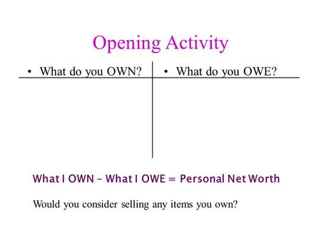 Opening Activity What do you OWN?What do you OWE? What I OWN – What I OWE = Personal Net Worth Would you consider selling any items you own?