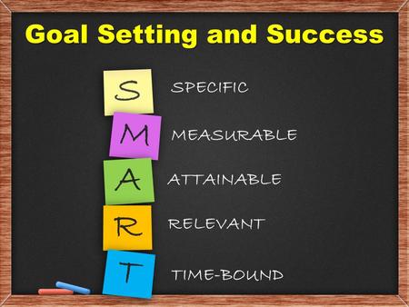 Goal Setting and Success SPECIFIC S MEASURABLE M A ATTAINABLE R RELEVANT T TIME-BOUND.