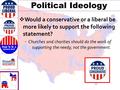 Political Ideology  Would a conservative or a liberal be more likely to support the following statement?  Churches and charities should do the work of.