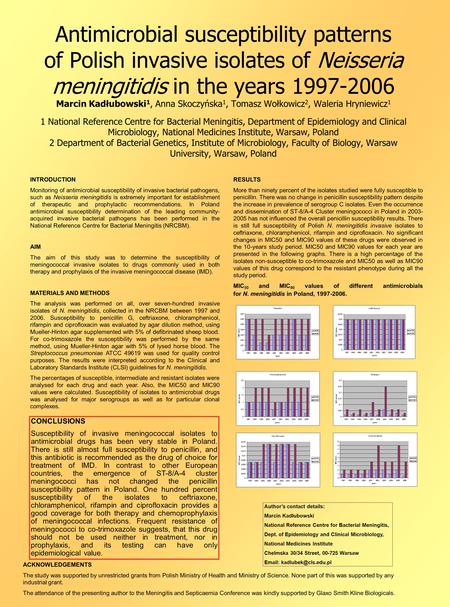 Antimicrobial susceptibility patterns of Polish invasive isolates of Neisseria meningitidis in the years 1997-2006 Marcin Kadłubowski 1, Anna Skoczyńska.
