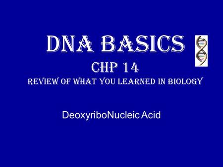 DNA Basics Chp 14 Review of what you learned in biology DeoxyriboNucleic Acid.