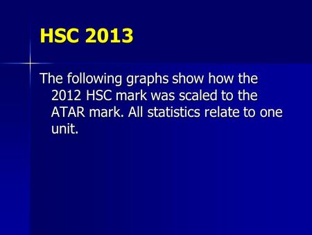 HSC 2013 The following graphs show how the 2012 HSC mark was scaled to the ATAR mark. All statistics relate to one unit.