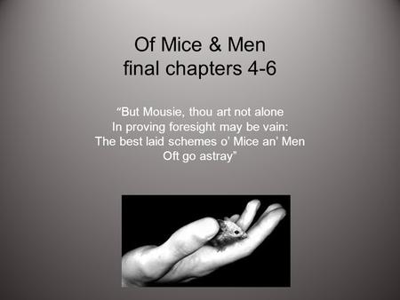 Of Mice & Men final chapters 4-6 “ But Mousie, thou art not alone In proving foresight may be vain: The best laid schemes o’ Mice an’ Men Oft go astray”