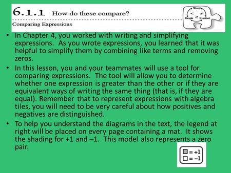 In Chapter 4, you worked with writing and simplifying expressions. As you wrote expressions, you learned that it was helpful to simplify them by combining.