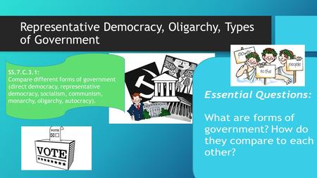 Representative Democracy, Oligarchy, Types of Government.