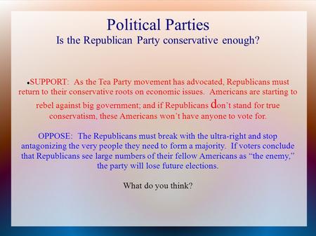 Political Parties Is the Republican Party conservative enough? SUPPORT: As the Tea Party movement has advocated, Republicans must return to their conservative.