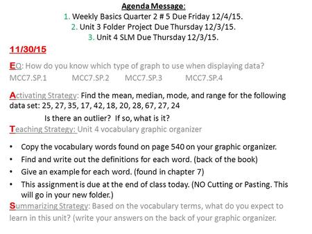 Agenda Message: 1. Weekly Basics Quarter 2 # 5 Due Friday 12/4/15. 2. Unit 3 Folder Project Due Thursday 12/3/15. 3. Unit 4 SLM Due Thursday 12/3/15. 11/30/15.