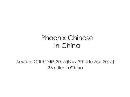 Phoenix Chinese in China Source: CTR-CNRS 2015 (Nov 2014 to Apr 2015) 36 cities in China.