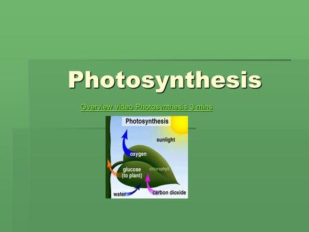 Photosynthesis Overview video Photosynthesis 3 mins Overview video Photosynthesis 3 mins.