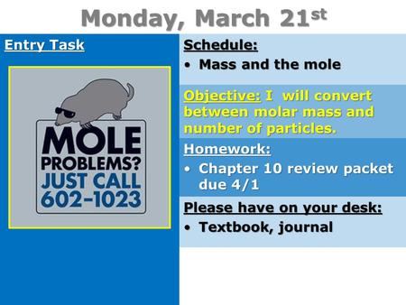 Monday, March 21 st Entry Task Schedule: Mass and the moleMass and the mole Homework: Chapter 10 review packet due 4/1Chapter 10 review packet due 4/1.