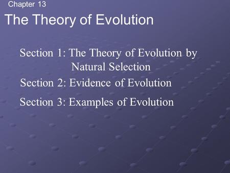 Chapter 13 The Theory of Evolution Section 1: The Theory of Evolution by Natural Selection Section 2: Evidence of Evolution Section 3: Examples of Evolution.
