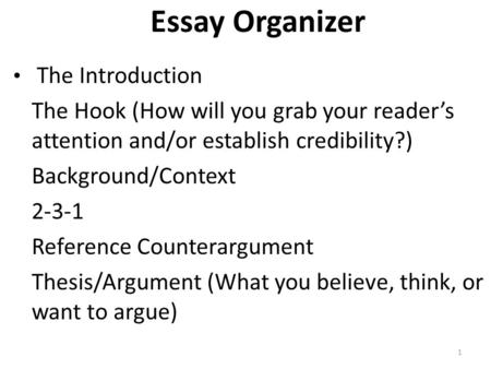 Essay Organizer The Introduction The Hook (How will you grab your reader’s attention and/or establish credibility?) Background/Context 2-3-1 Reference.