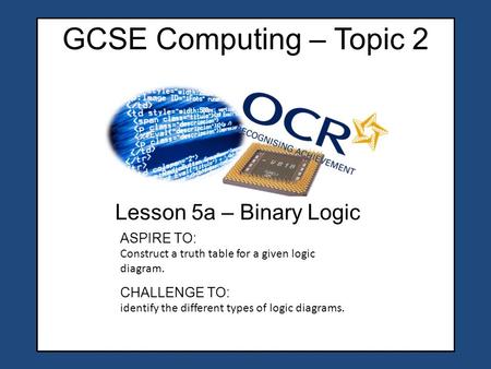 GCSE Computing – Topic 2 Lesson 5a – Binary Logic CHALLENGE TO: identify the different types of logic diagrams. ASPIRE TO: Construct a truth table for.