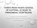 TWEETS FROM PIXAR’S SCHOOL OF PLOTTING: 22 RULES TO PHENOMENAL STORYTELLING BY EMMA COATS, STORYBOARD ARTIST THE WALL STREET JOURNAL, JULY 7-8, 2012, P.