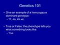 Genetics 101 Give an example of a homozygous dominant genotype: –TT, AA, KK etc. True or False: the phenotype tells you what something looks like. –True.