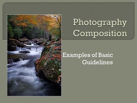Examples of Basic Guidelines. Composition is defined as the combining of distinct parts or elements to form a whole. In photography that definition is.