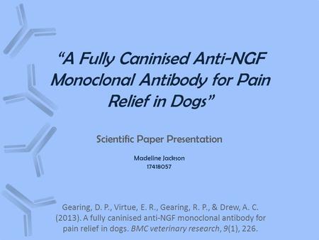 “A Fully Caninised Anti-NGF Monoclonal Antibody for Pain Relief in Dogs” Scientific Paper Presentation Madeline Jackson 17418057 Gearing, D. P., Virtue,