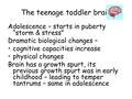 The teenage toddler brain Adolescence – starts in puberty “storm & stress” Dramatic biological changes – cognitive capacities increase physical changes.