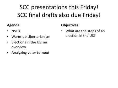 SCC presentations this Friday! SCC final drafts also due Friday! Agenda NVCs Warm-up Libertarianism Elections in the US: an overview Analyzing voter turnout.