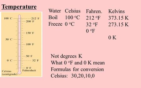 Temperature Water Boil Freeze Celsius 100 o C 0 o C Fahren. 212 o F 32 o F 0 o F Kelvins 373.15 K 273.15 K 0 K Not degrees K What 0 o F and 0 K mean Formulas.