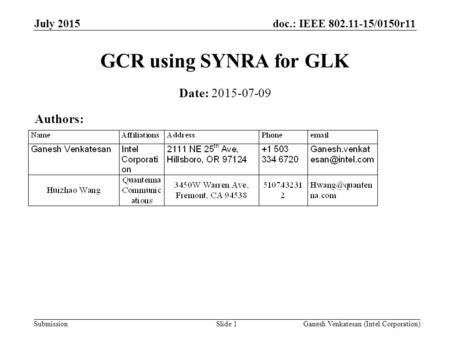 Doc.: IEEE 802.11-15/0150r11 Submission July 2015 Ganesh Venkatesan (Intel Corporation)Slide 1 GCR using SYNRA for GLK Date: 2015-07-09 Authors:
