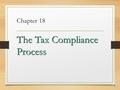 Chapter 18 The Tax Compliance Process Filing and Payment Requirements Due dates Individual: 4/15, extend to 10/15 Corporate: 15th day of 3rd month, extend.