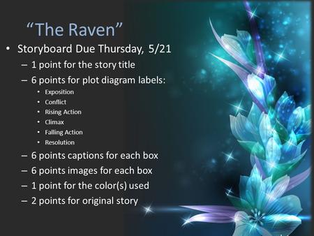 “The Raven” Storyboard Due Thursday, 5/21 – 1 point for the story title – 6 points for plot diagram labels: Exposition Conflict Rising Action Climax Falling.