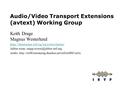 Audio/Video Transport Extensions (avtext) Working Group Keith Drage Magnus Westerlund https://datatracker.ietf.org/wg/avtext/charter/ Jabber room:
