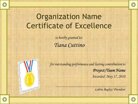 Organization Name Certificate of Excellence is hereby granted to: Tiana Cuttino for outstanding performance and lasting contribution to Project/Team Name.