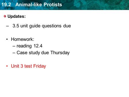 19.2 Animal-like Protists Updates: –3.5 unit guide questions due Homework: –reading 12.4 –Case study due Thursday Unit 3 test Friday.
