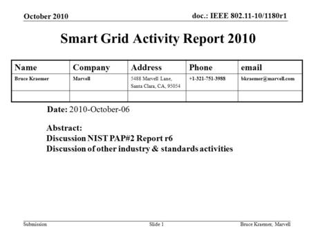 Doc.: IEEE 802.11-10/1180r1 Submission October 2010 Bruce Kraemer, MarvellSlide 1 Smart Grid Activity Report 2010 Date: 2010-October-06 Abstract: Discussion.