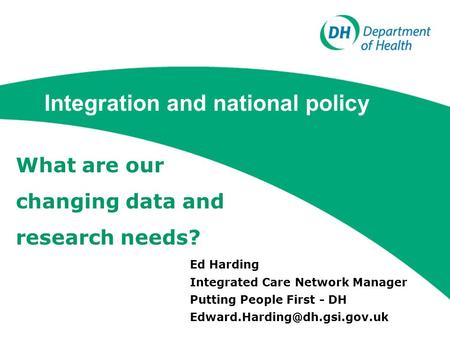 Ed Harding Integrated Care Network Manager Putting People First - DH Integration and national policy What are our changing.