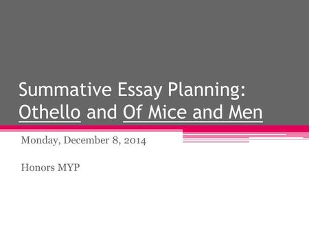Summative Essay Planning: Othello and Of Mice and Men Monday, December 8, 2014 Honors MYP.