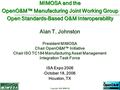 Copyright 2006 MIMOSA MIMOSA and the OpenO&M™ Manufacturing Joint Working Group Open Standards-Based O&M Interoperability Alan T. Johnston President MIMOSA.