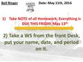 Bell RingerDate: May 11th, 2016 1)Take NOTE of all Homework, Everything is DUE THIS FRIDAY, May 13 th 2) Take a WS from the front Desk, put your name,