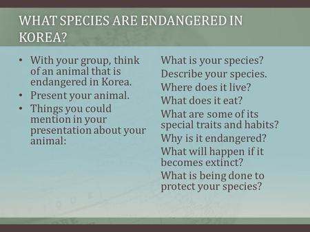 WHAT SPECIES ARE ENDANGERED IN KOREA? With your group, think of an animal that is endangered in Korea. Present your animal. Things you could mention in.