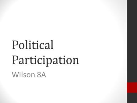 Political Participation Wilson 8A. Objective Questions Who Governs? Who votes, who doesn’t? Why do some people participate at higher rates than others?