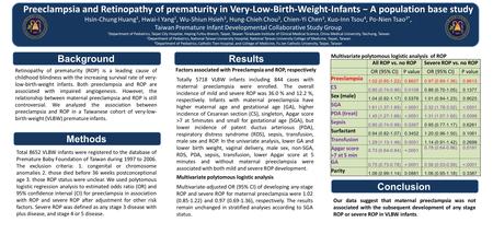 Preeclampsia and Retinopathy of prematurity in Very-Low-Birth-Weight-Infants − A population base study Hsin-Chung Huang 1, Hwai-I Yang 2, Wu-Shiun Hsieh.