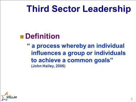 11 Third Sector Leadership Definition “ a process whereby an individual influences a group or individuals to achieve a common goals” (John Hailey, 2006)