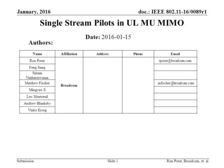 Doc.: IEEE 802.11-16/0089r1 Submission Single Stream Pilots in UL MU MIMO January, 2016 Slide 1 Date: 2016-01-15 Authors: Ron Porat, Broadcom, et. al.