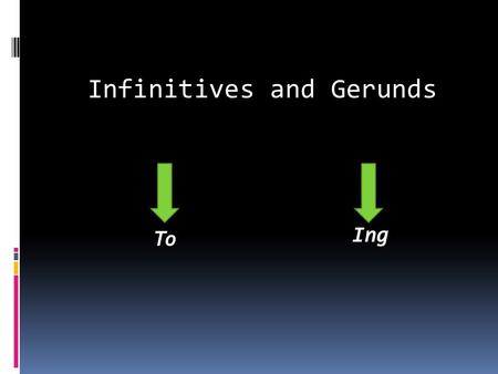 Infinitives and Gerunds To Ing.  Infinitives and Gerunds Gerund and Infinitives (Gerunds and Infinitives) The Spanish infinitive is the verb form ending.
