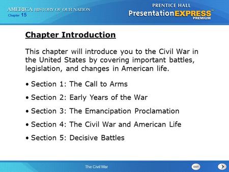 Chapter 15 The Civil War This chapter will introduce you to the Civil War in the United States by covering important battles, legislation, and changes.