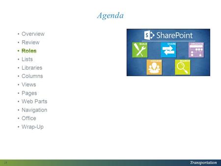 Transportation Agenda 19. Transportation Your Role: Designer Designers organize SharePoint content and determine how to display that content Typical tasks.