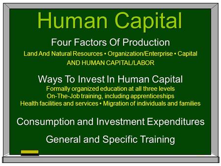 Human Capital Four Factors Of Production Land And Natural Resources Organization/Enterprise Capital AND HUMAN CAPITAL/LABOR Ways To Invest In Human Capital.