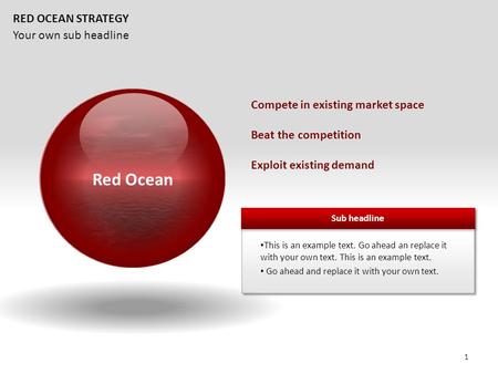 Your own sub headline RED OCEAN STRATEGY Compete in existing market space Beat the competition Exploit existing demand Red Ocean 1.