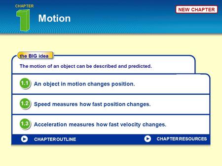 the BIG idea CHAPTER OUTLINE NEW CHAPTER Motion CHAPTER The motion of an object can be described and predicted. An object in motion changes position.