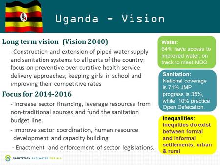 1 Uganda - Vision Long term vision (Vision 2040) - Construction and extension of piped water supply and sanitation systems to all parts of the country;