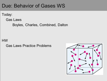 Due: Behavior of Gases WS Today: Gas Laws Boyles, Charles, Combined, Dalton HW Gas Laws Practice Problems.