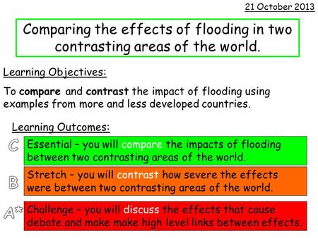 Comparing the effects of flooding in two contrasting areas of the world. Learning Objectives: To compare and contrast the impact of flooding using examples.
